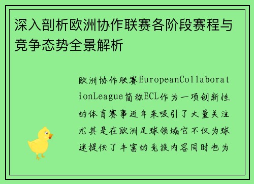 深入剖析欧洲协作联赛各阶段赛程与竞争态势全景解析