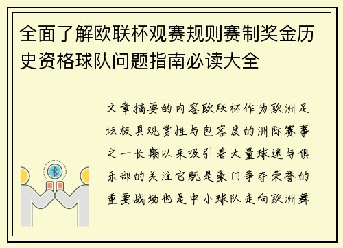 全面了解欧联杯观赛规则赛制奖金历史资格球队问题指南必读大全